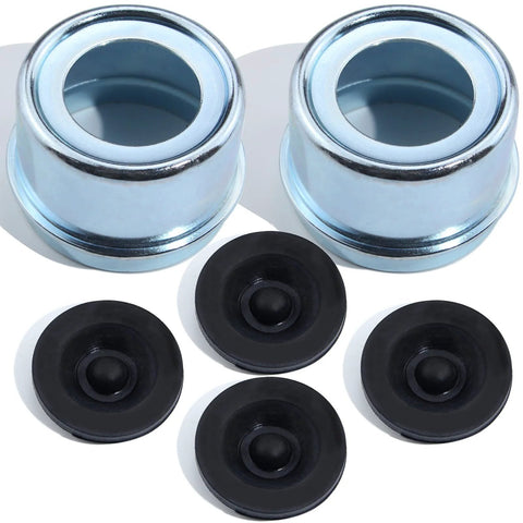 Two chrome trailer axle dust cap cups and four black rubber plugs