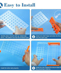 Assembly guide for Three Piece Plastic Test Tube Rack With Fifty Holes For Fifteen To Eighteen mm Tubes, clear and orange parts shown.