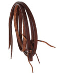 Close-up of brown leather reins from Brown Leather Beaded Bitless Sidepull Bridle With Padded Reins For Western Style Horse Riding.