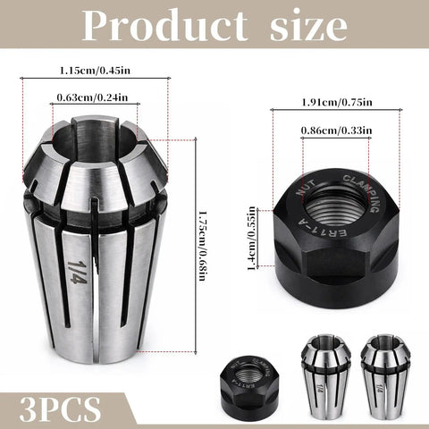 ER11 Spring Collet Set 1/4 Inch CNC Lathe Milling Tool Chucks with Clamping Nut, Precision 65Mn Steel dimensions shown