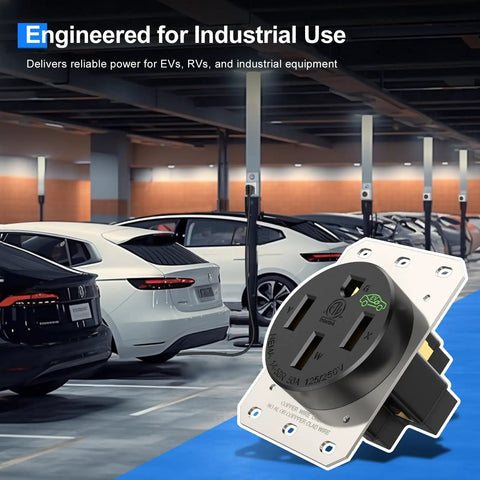Beefy 50 Amp EV Outlet 14 50R Receptacle For 240V Level 2 Charging in a garage with electric cars