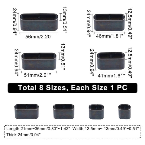 Diagram of Leather Die Punch Cutter Set in Steel with hollow punch tools, showing 8 piece assorted sizes, dimensions labeled.