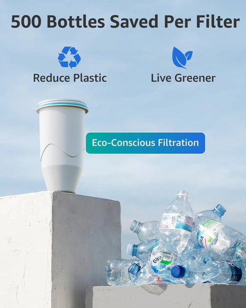 Independent Replacement Water Filter Cartridges For Pitcher And Dispenser No BS 0 TDS Reduces Lead Mercury Chlorine And Contaminants 2 Pack Compatible With ZR Series Models ZR001 ZR004 ZP006 ZR017 filter next to saved plastic bottles.
