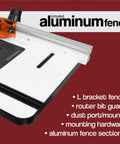 Heavy Duty Mdf Router Table For Woodworking With Laminated One Point Three Eight Inch Thick Board That Squashes Vibration And Stays Dead Flat All Day Plus Aluminum Fence showing L bracket fence and router bit guard.