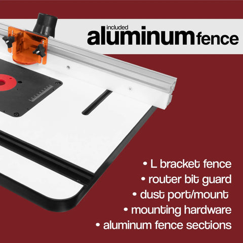 Heavy Duty Mdf Router Table For Woodworking With Laminated One Point Three Eight Inch Thick Board That Squashes Vibration And Stays Dead Flat All Day Plus Aluminum Fence showing L bracket fence and router bit guard.
