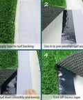 Steps showing the application of Self Adhesive Turf Seam Tape For Artificial Grass Heavy Duty Butyl Coated Seaming Tape For Indoor Outdoor Lawn Carpets Waterproof Easy Install Connects Fake Grass Mat Rug 6 X 65.6 Inches.