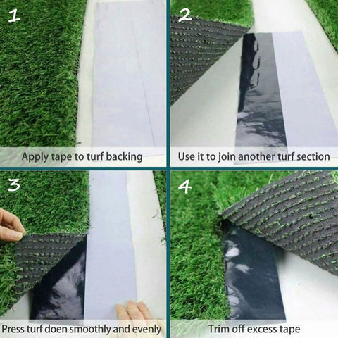 Steps showing the application of Self Adhesive Turf Seam Tape For Artificial Grass Heavy Duty Butyl Coated Seaming Tape For Indoor Outdoor Lawn Carpets Waterproof Easy Install Connects Fake Grass Mat Rug 6 X 65.6 Inches.
