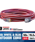 Patriotic 50 Foot 12 Gauge Heavy Duty Extension Cord With Lighted Plug For Indoor Outdoor Use All Purpose Contractor Grade SJTW Red White And Blue