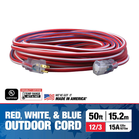 Patriotic 50 Foot 12 Gauge Heavy Duty Extension Cord With Lighted Plug For Indoor Outdoor Use All Purpose Contractor Grade SJTW Red White And Blue
