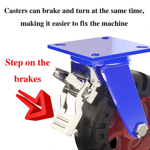 Heavy Duty Rubber Caster Wheels, 4 Pack With Secure Roll Brake showcasing dual lock brake mechanism and steel bracket design.