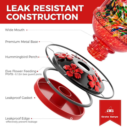 Leak resistant construction of Vibrant Hummingbird Feeder For Outdoors With 25 Ounce Nectar Jar Five Flower Ports Perch Leak Proof