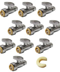 Pack Of 10 Push Fit 1/4 Turn Straight Shut Off Valve 1/2 Push X 3/8 Inch Compression Chrome Finish With Disconnect Clip