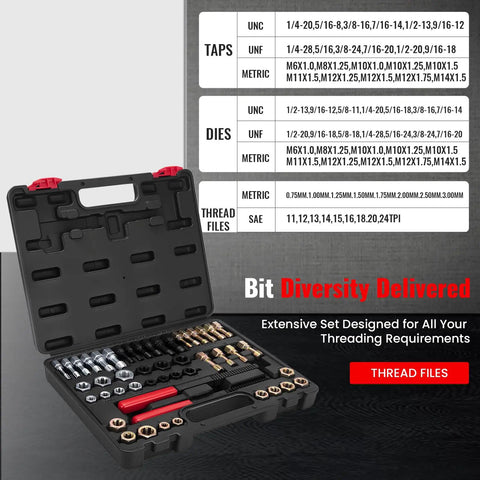 Garage Pro 48 Piece Thread Chaser Set Thread Repair Kit With 22 Taps And 24 Dies Plus 2 Thread Files shown in blow-mold case