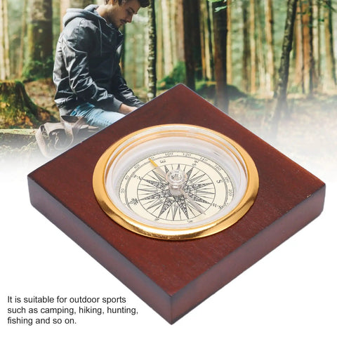 Vintage Compass With Wooden Box For Camping Hiking Fishing And Mountaineering Aluminum Alloy Construction on forest backdrop