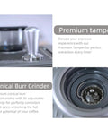 Real Deal Home Espresso Maker With Built In Grinder And Silky Milk Frother, showing premium tamper and conical burr grinder.