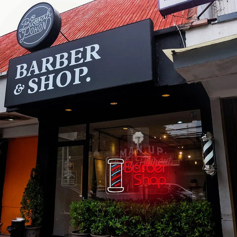 Lit Barber Shop Neon Sign For Wall Decor LED Neon Lights Red Blue White 24 By 13.8 Inch Indoor Display on shop window