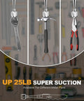 Two Pack Pickup Tool Set With 25 Lb Telescoping Magnet Grabber lifting wrench, hammer, and pliers with workshop background.
