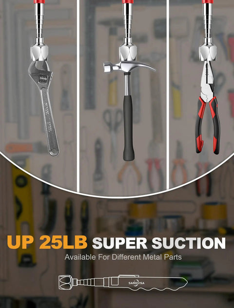 Two Pack Pickup Tool Set With 25 Lb Telescoping Magnet Grabber lifting wrench, hammer, and pliers with workshop background.