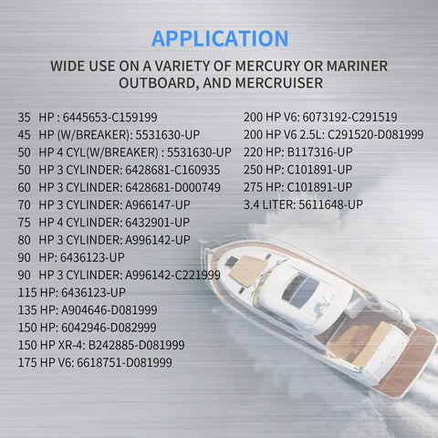 Application chart for 2-Pack 12V Power Trim Solenoid Switch For Mercury Mariner Outboard Motors, boat on water illustration