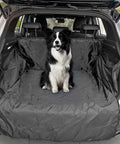 Heavy Duty Waterproof Dog Cargo Liner For Tesla Cybertruck 2024 And Up With Rugged Oxford Fabric tailgate cover in SUV with dog.