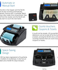 Pro Level Single Denomination Bill Counter Machine With Smart Counterfeit Detector and Lightning Fast Infrared Sensors, displaying bills and controls.