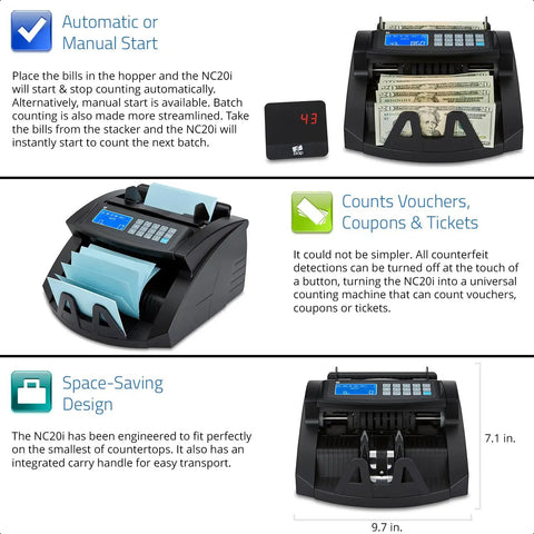 Pro Level Single Denomination Bill Counter Machine With Smart Counterfeit Detector and Lightning Fast Infrared Sensors, displaying bills and controls.