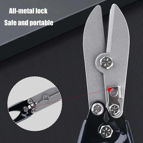 Close-up of secure locking mechanism on five metal sheet crimping tool made from high carbon steel with ergonomic nonslip handle for gutters.
