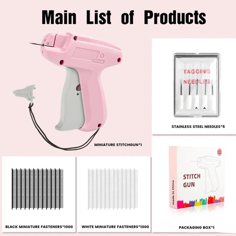 Main components of Stitch Gun For Clothes Quick Fix Kit with five needles and 2000 fasteners for instant fabric repair.