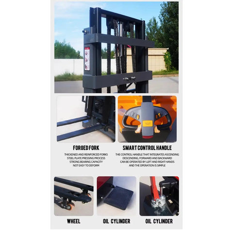 Heavy Duty Pallet Handler Stacker Workhorse For Warehouse Crews With Bulletproof Mast Frame showing forged fork and smart control handle.