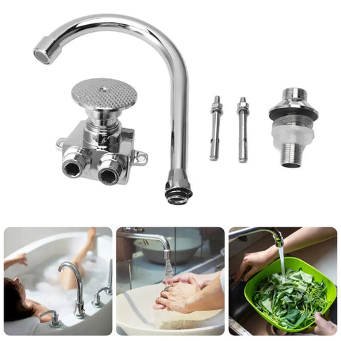 Foot Pump Faucet Kit - Hands-Free Foot Control Kitchen Tap Flexible Hose, chrome faucet parts and accessories for easy operation.