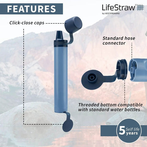 Peak Series Personal Water Filter with click-close cap, hose connector, and compatibility features, 1 Pack Mountain Blue
