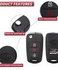 Kia Soul 2010 To 2013 Rio 2012 To 2014 Sportage 2012 To 2014 Three Button Flip Key Fob Shell Case with features highlighted
