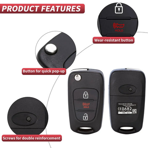 Kia Soul 2010 To 2013 Rio 2012 To 2014 Sportage 2012 To 2014 Three Button Flip Key Fob Shell Case with features highlighted