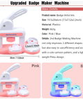Pink and blue badge maker machines with measurements, featuring details of the Three In One Button Maker Kit With 86 Sets Of Parts For DIY Pins.