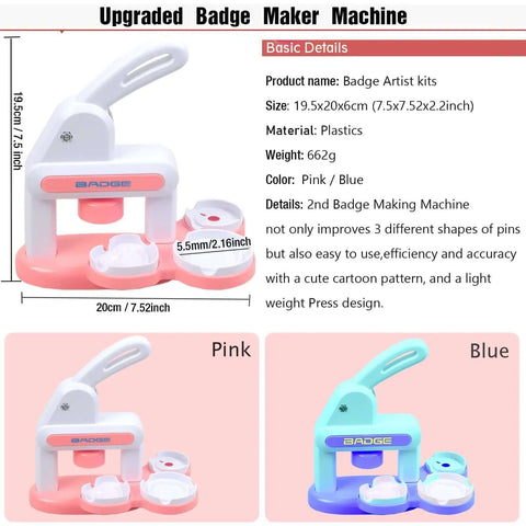 Pink and blue badge maker machines with measurements, featuring details of the Three In One Button Maker Kit With 86 Sets Of Parts For DIY Pins.