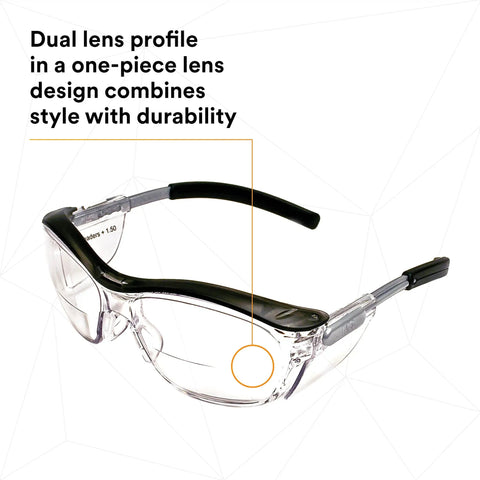 Built In Plus 1.5 Magnifying Bifocal Readers In Safety Glasses With Clear Lenses, ANSI Z87 Certified, Retro Gray Frame close-up view