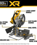 20V Max XR 10 Inch Double Bevel Fixed Miter Saw Tool Only With Bevel Gear Transmission and labeled features diagram