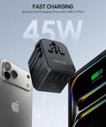 GaN 45W Universal Travel Adapter with fast charging near smartphone and laptop, showcasing multiple USB ports.
