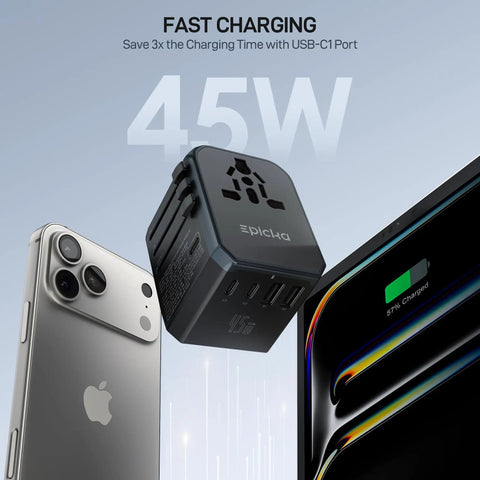 GaN 45W Universal Travel Adapter with fast charging near smartphone and laptop, showcasing multiple USB ports.