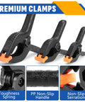 12 Pack Plastic Spring Clamps Set With 3.5 Inch 4.5 Inch And 6 Inch Black Heavy Duty Nylon Clips showing non-slip handle and serration