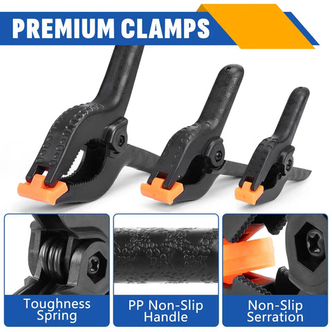 12 Pack Plastic Spring Clamps Set With 3.5 Inch 4.5 Inch And 6 Inch Black Heavy Duty Nylon Clips showing non-slip handle and serration