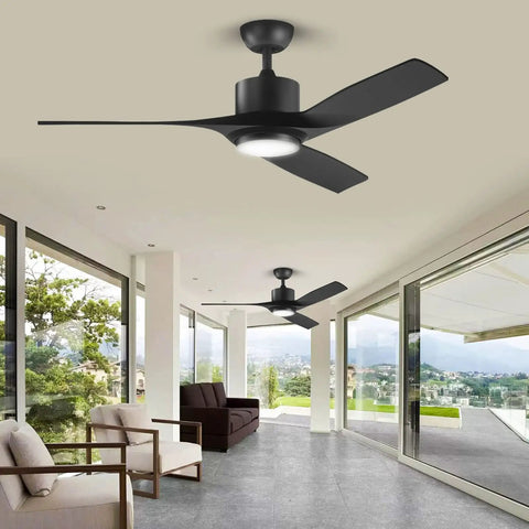 52 Inch Black Outdoor Ceiling Fan With Light And Remote For Patio, Modern Three Blade Design, mounted in bright porch area