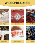 Image showing various uses including glasses repair, jewelry, tin toys, arts and crafts, false teeth, and wire.