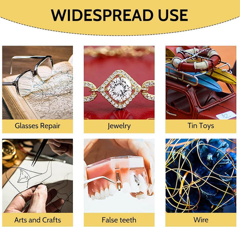 Image showing various uses including glasses repair, jewelry, tin toys, arts and crafts, false teeth, and wire.