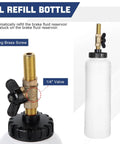 Oil refill bottle for pneumatic brake fluid bleeder tool with four master cylinder adapters 90 to 120 PSI, shown with brass screw and valve.