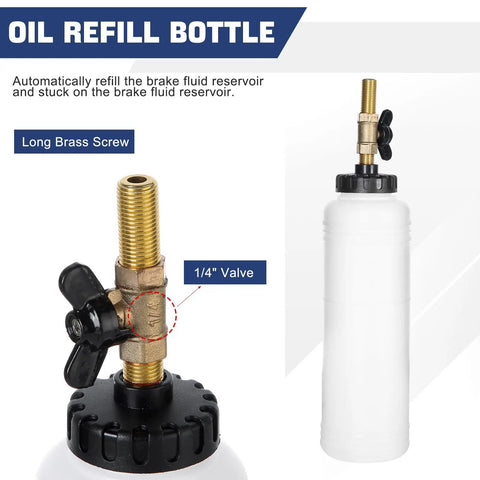 Oil refill bottle for pneumatic brake fluid bleeder tool with four master cylinder adapters 90 to 120 PSI, shown with brass screw and valve.