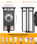 Modern Outdoor Wall Light With Frosted Glass, Aluminum Exterior Lantern For House, Garage, Porch And Carport, Weatherproof And Rust Resistant Die Cast Build, Easy Mount, Soft Brightness For Chill Evenings, showing dimensions and bulb compatibility