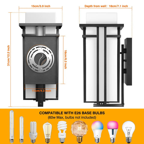 Modern Outdoor Wall Light With Frosted Glass, Aluminum Exterior Lantern For House, Garage, Porch And Carport, Weatherproof And Rust Resistant Die Cast Build, Easy Mount, Soft Brightness For Chill Evenings, showing dimensions and bulb compatibility
