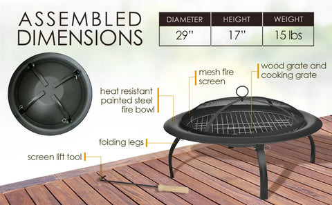 Portable Folding Fire Pit 29 Inch Round Steel Fire Bowl With Folding Legs Wood And Cookout Grate Heat Resistant Mesh Screen