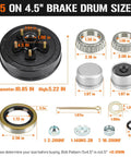 Trailer brake drum kit, 5 on 4.5 in bolt circle; front view shows 10.85 in drum diameter, bearings, seals, cotter pin.